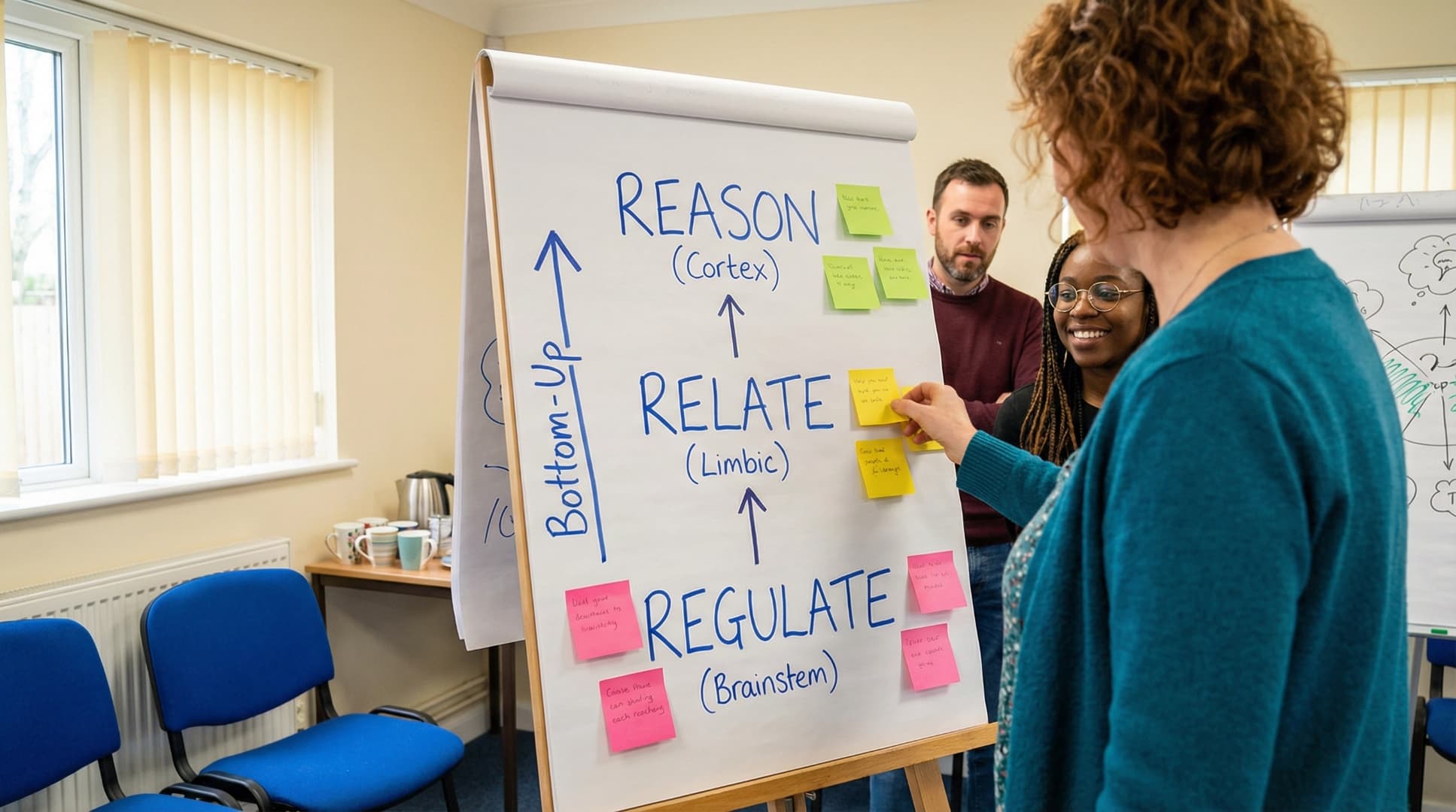 A caring adult and young person having a supportive conversation in a well-maintained residential children's home