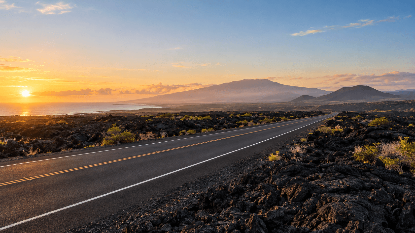 The Queen Kaʻahumanu Highway crossing Kona's black lava fields in early morning light, with no athletes on the road.