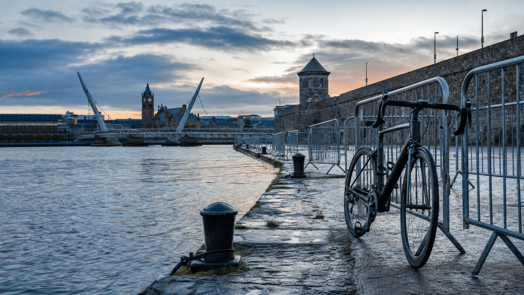 Riverside quay and bridge beside the River Foyle at dawn