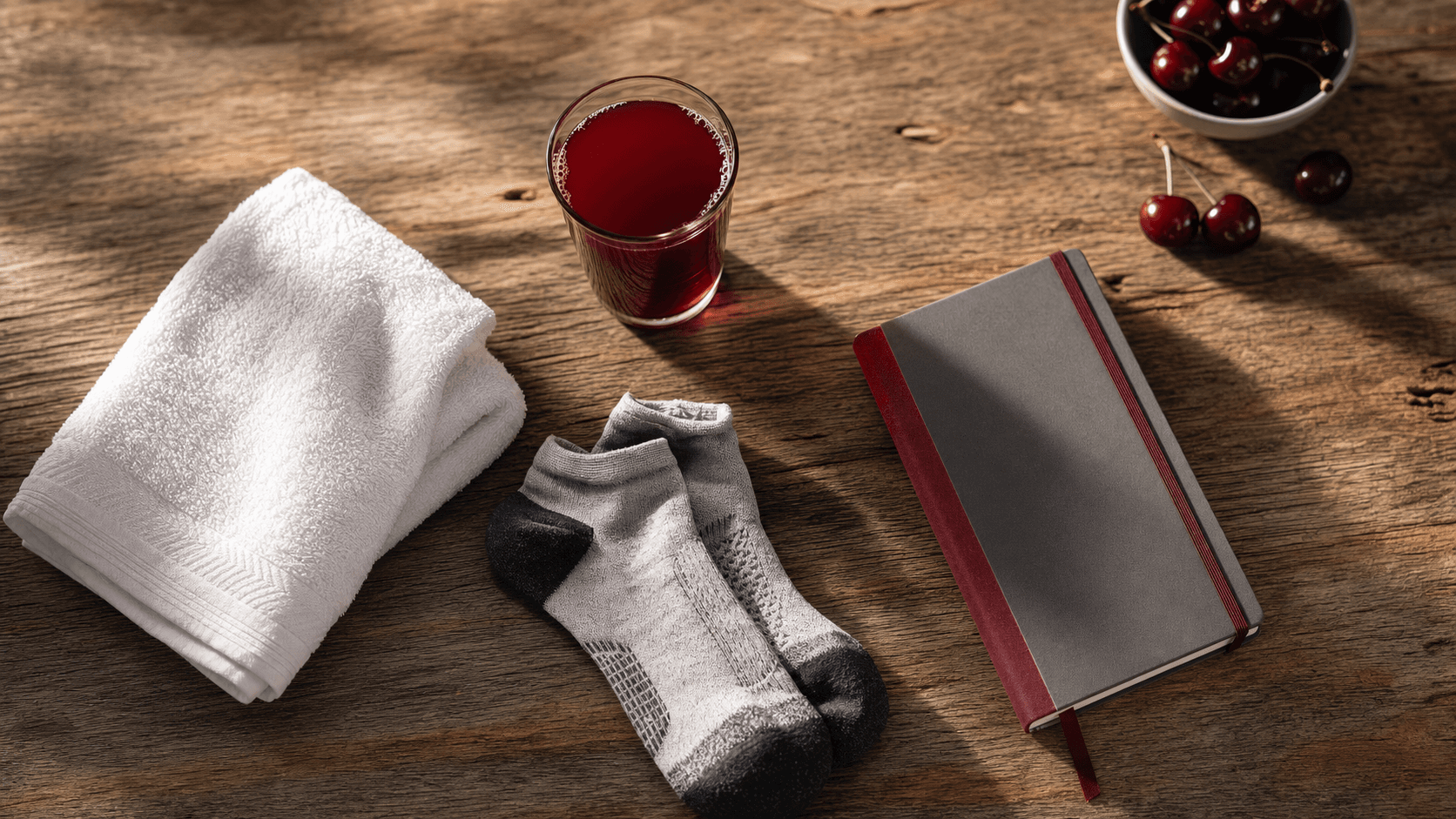 Glass of tart cherry drink beside a folded training towel and recovery journal