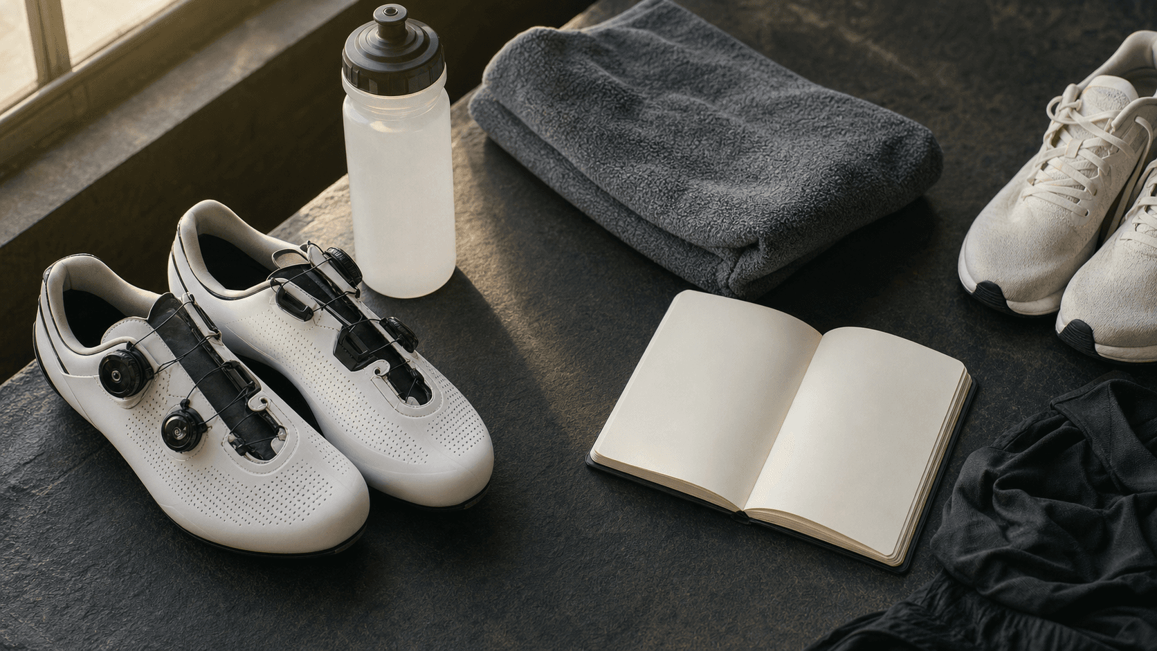 Unbranded cycling shoes, running shoes, bottle, towel and blank training notebook in warm window light