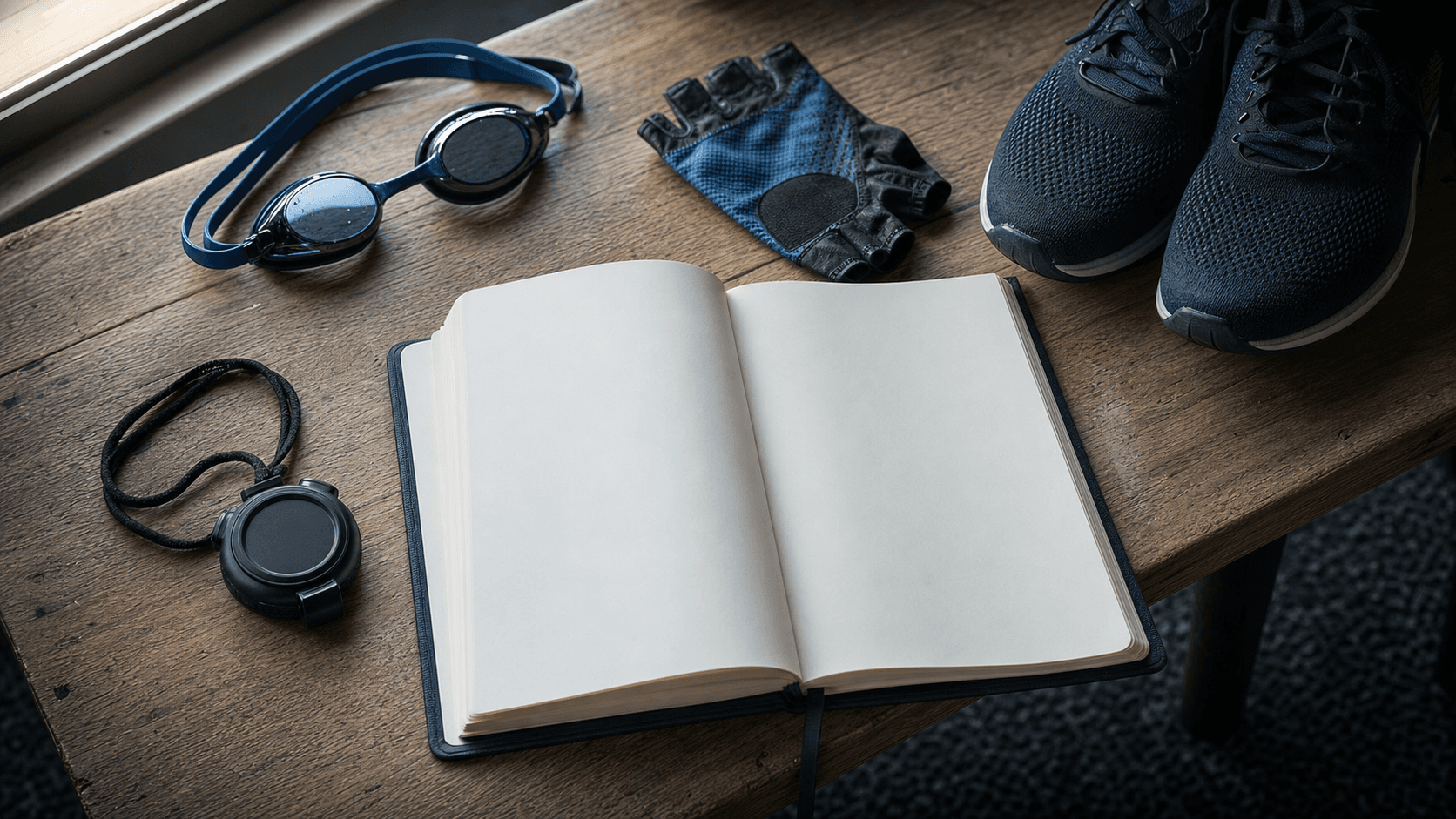 Unbranded triathlon training kit, blank journal and stopwatch on an oak bench
