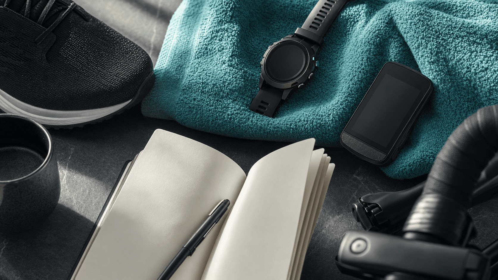 Multisport watch, bike computer and running shoe beside a training notebook